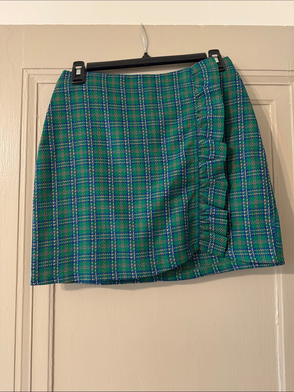 Topshop Green Plaid Mini Skirt with Side Ruffle